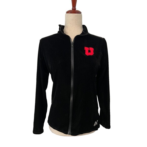 Vtg UNIVERSITY OF UTAH UTES Velvet Track Jacket Women's M Alpha Factory BLACK - Picture 1 of 10